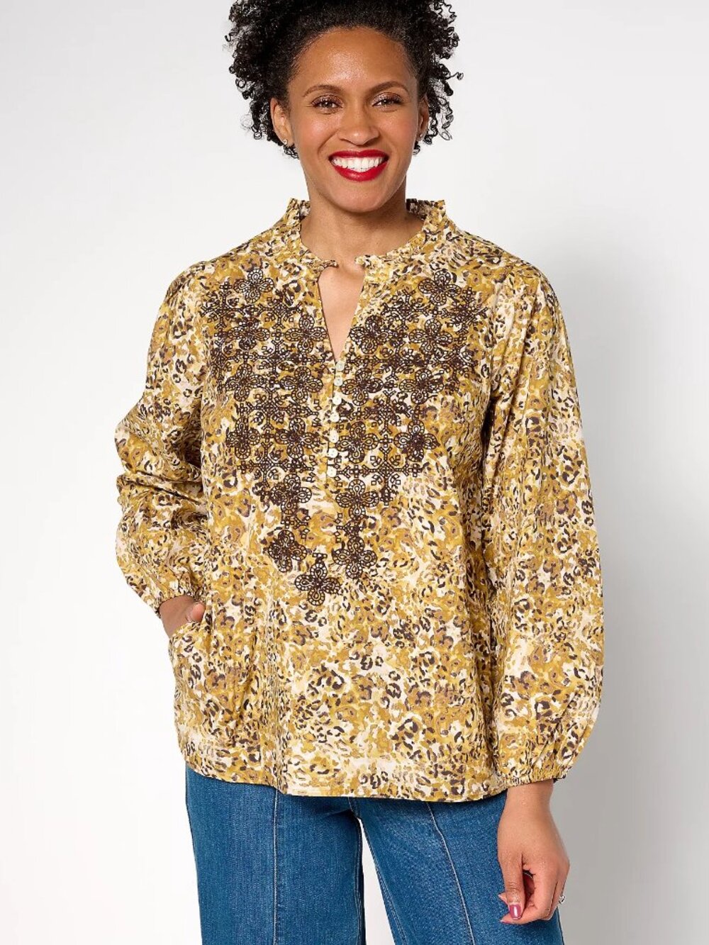 LOGO Lavish by Lori Goldstein Cotton Animal Print Embroidered Blouse Medium